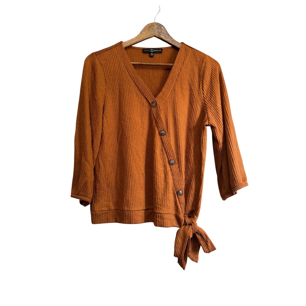 Fred David Waffle Knit Top Womens Large Orange Excellent Side Tie Button Front